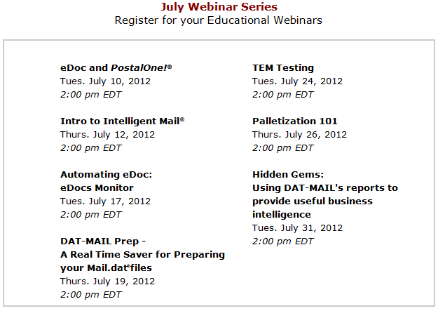 Postal Education Webinars for July 2012