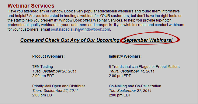 window book - september webinars on software for mailing 
